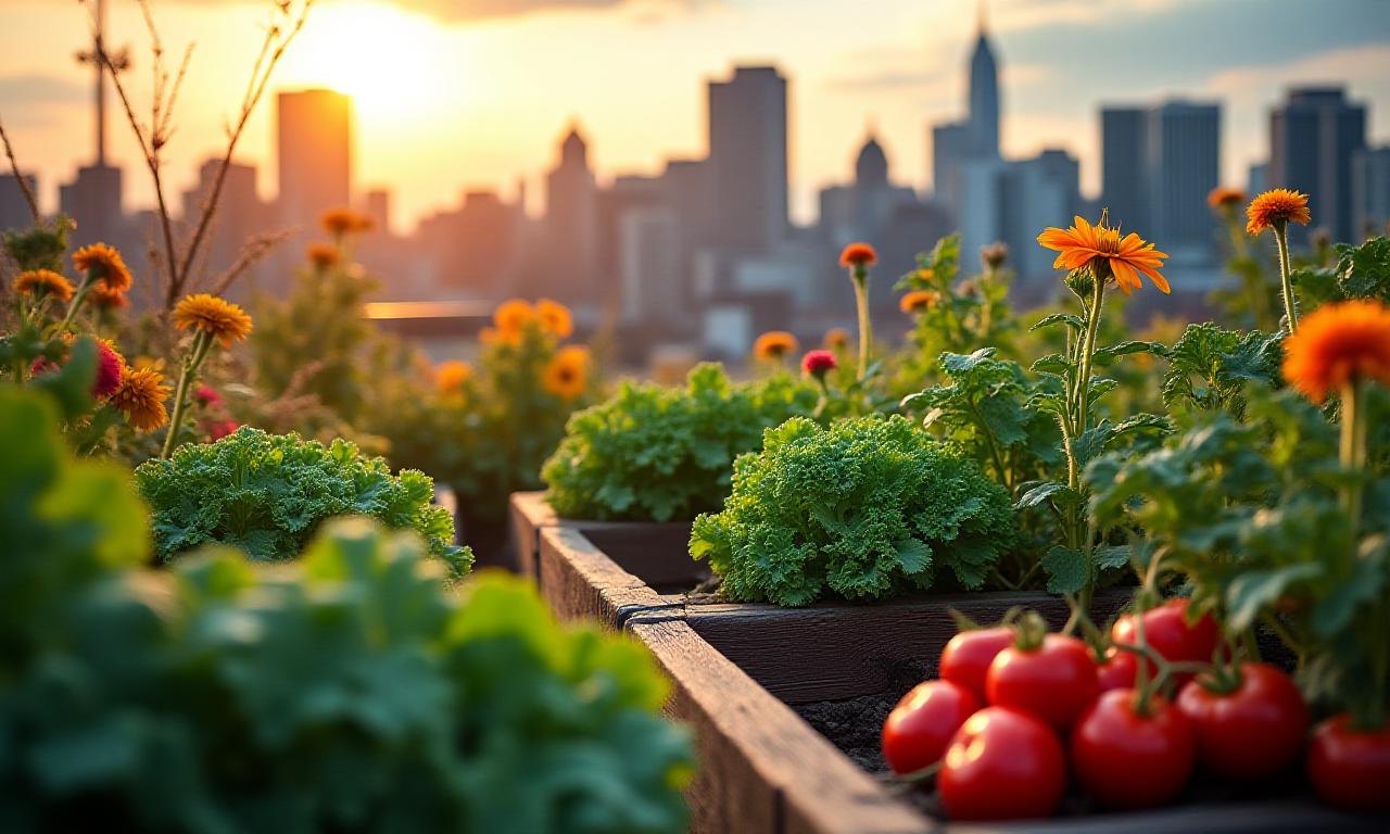 Lush NYC rooftop garden with native plants and vegetable beds
